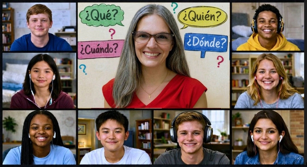 Miss Elisa teaching a live small-group Spanish class on Google Meet
