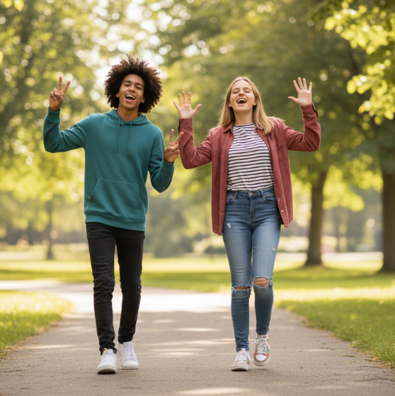 Two happy students walking together
