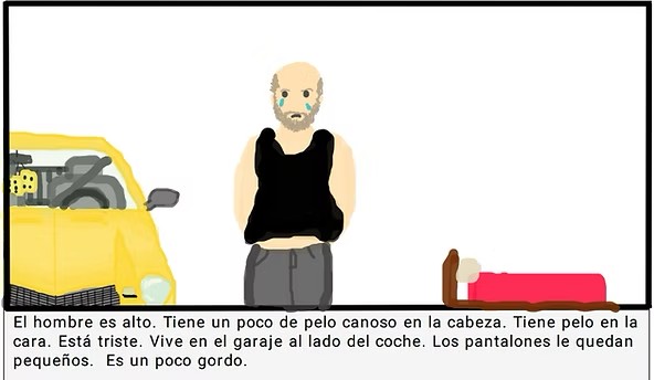 Student comic panel in Spanish, inspired by a Señor Wooly story: ‘El hombre es alto…’